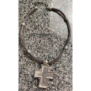 Vintage Crucifix Cross Signed Premier Designs Silver Tone Pendant Leather Cord